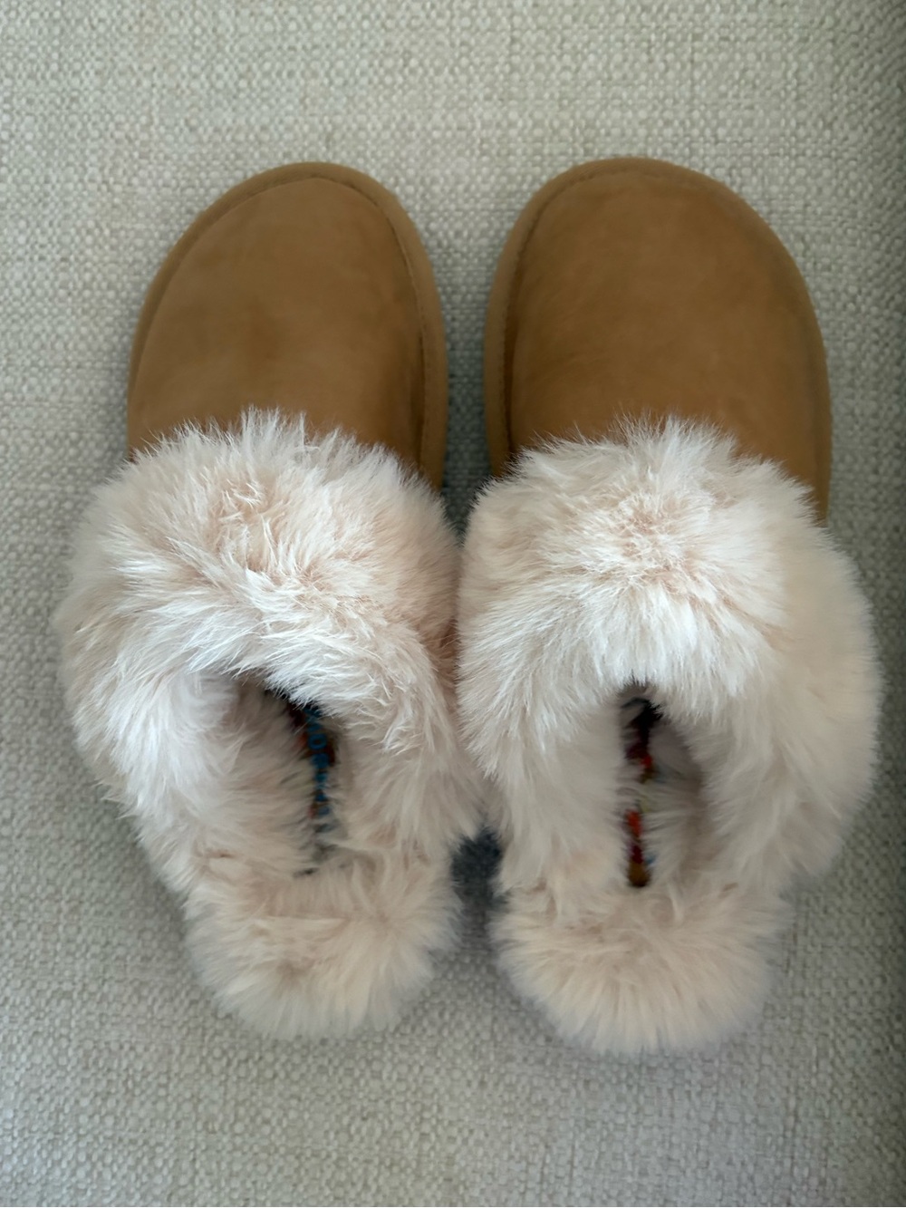 Rainbow Cozy Faux Fur Lined Slip-On Slippers - Tan with Cream Fur